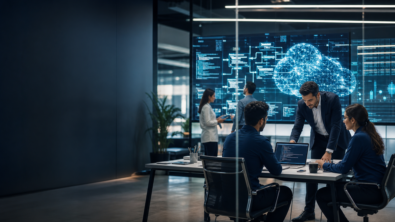 Modern AI consulting workspace with software architecture displays